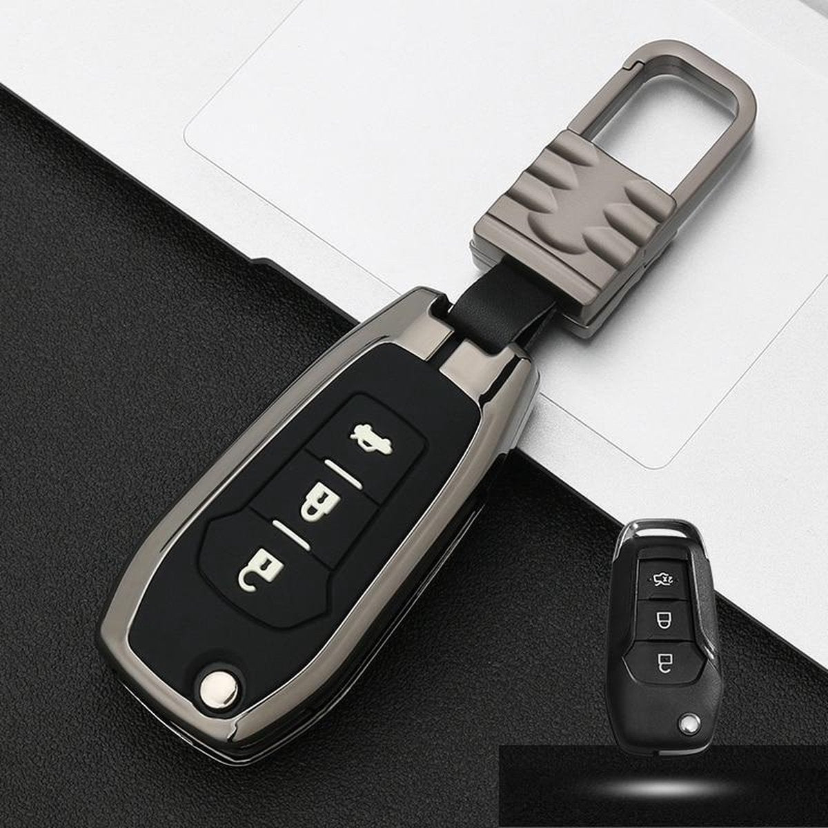 Auto lichtgevende all-inclusive zinklegering sleutel beschermhoes sleutel shell voor ford d stijl vouwen 3-knop (zilver)
