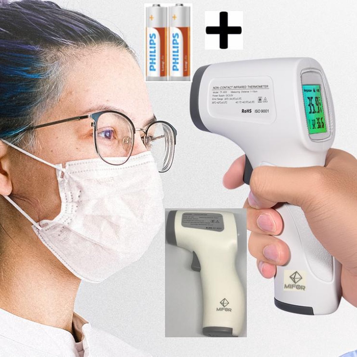 MIFOR®  Professionele Infrarood Thermometer - GRATIS BATTERIJEN - 1 SECONDE METING - Display Kleurverandering bij verhoging - Kleur Grijs met Wit