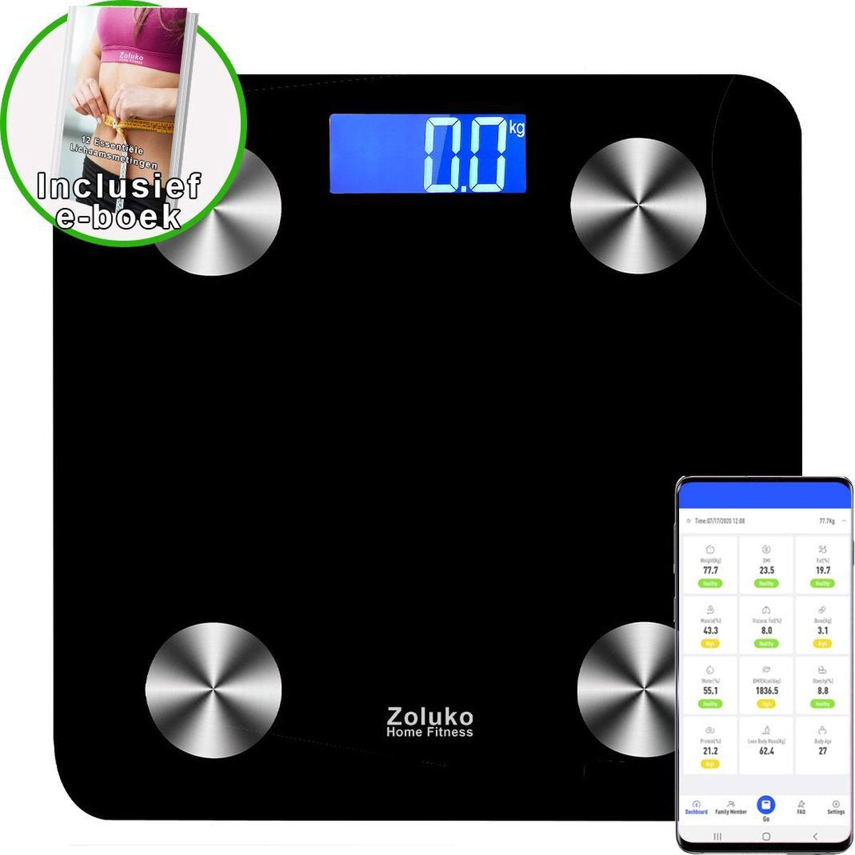 Zoluko Weegschaal Lichaamsanalyse met 12 lichaamsmetingen - Inclusief E-book - Personenweegschaal - Digitale Weegschaal met App voor Android en iOS - Vetpercentage meten - BMI meten - Inclusief batterijen - Zwart