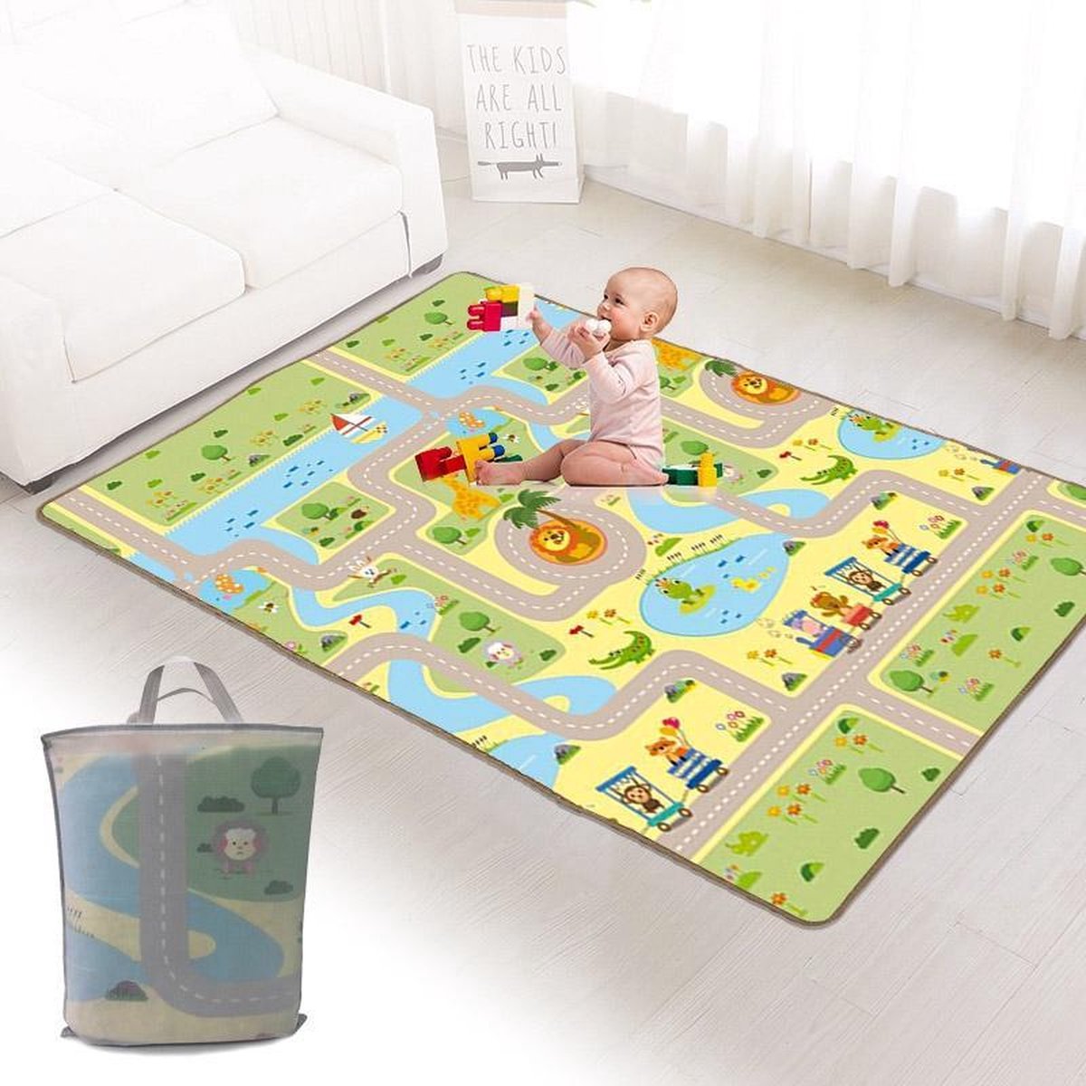 Mamabrum Speelkleed - Dubbelzijdig - Stad en Wegen - met Opbergtas - 120x180 cm - Speelmat - Speeltapijt - Baby - Foam