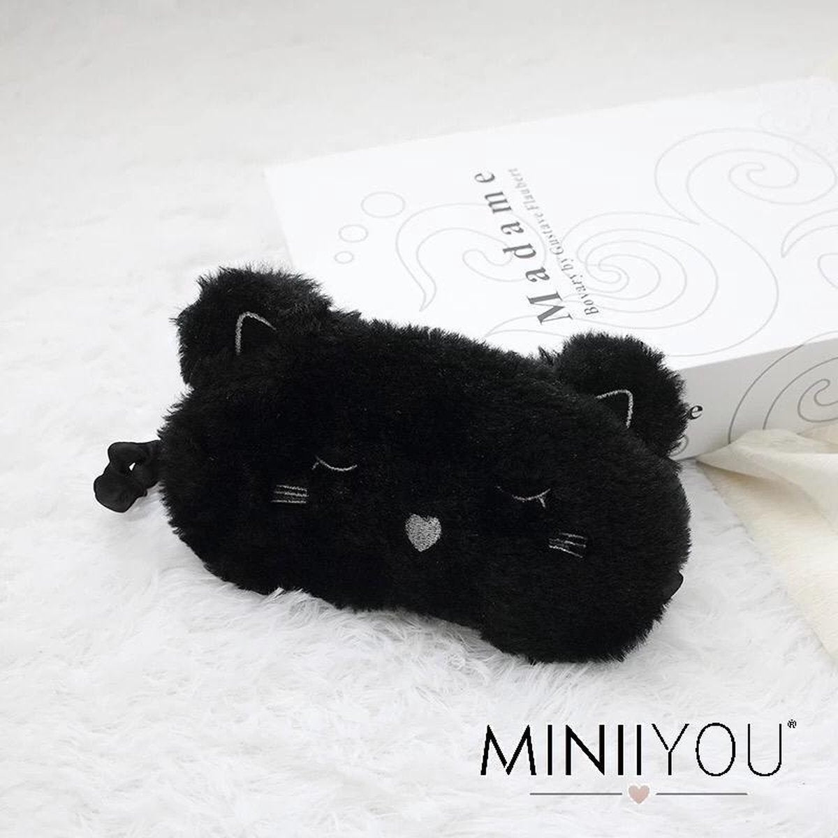 MINIIYOU® Zwarte kat kinder slaapmasker - reismasker vanaf 5 jaar | Reismasker kind | Slaapmasker kind meisje | Pluche Polyester | kinderen accessoires | Goede nachtrust