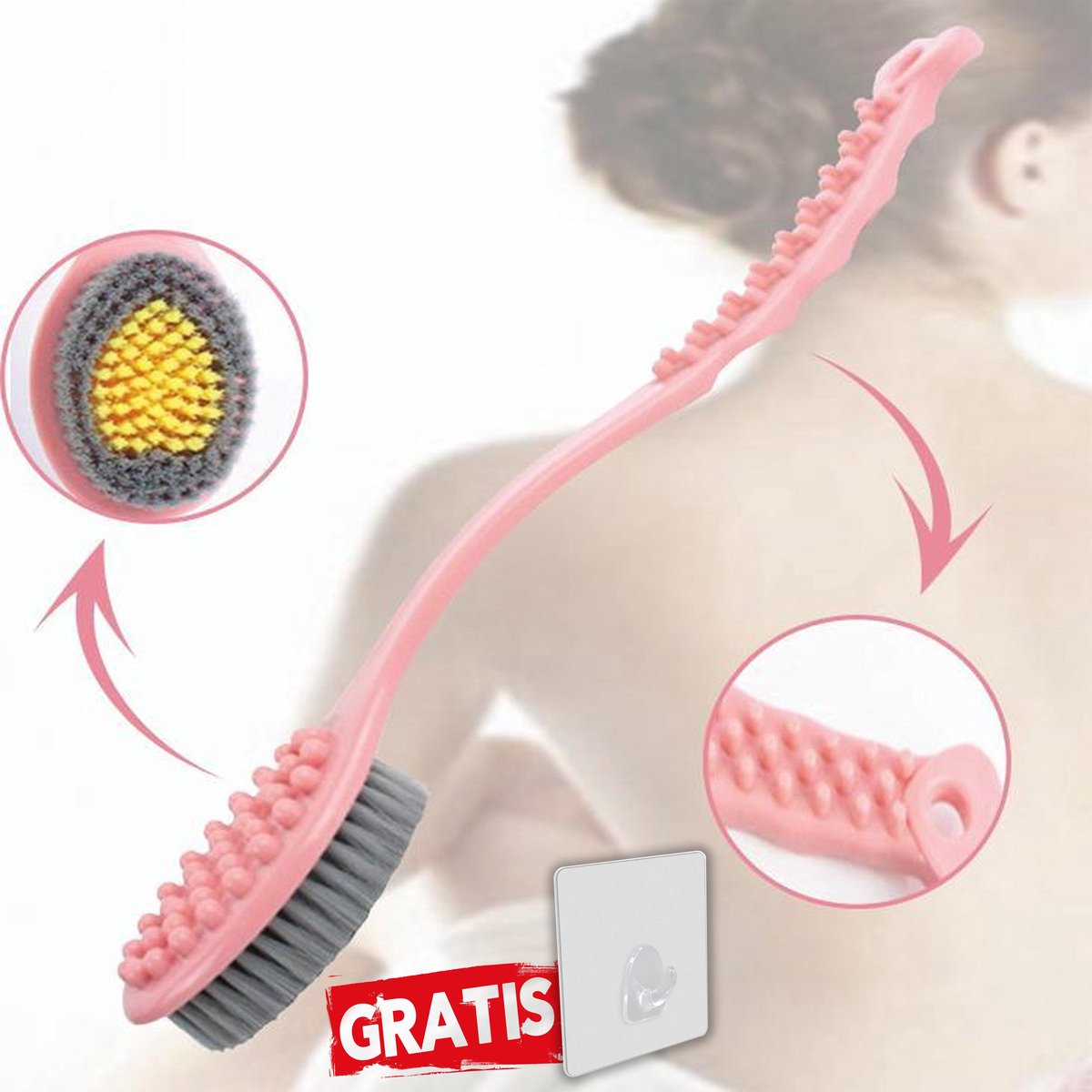 Rug borstel + GRATIS Haakje- Bad borstel - Ruggen krabber - Douche borstel - Rug borstel plastic - Rug borstel massage - Rug borstel plastiek - Roze