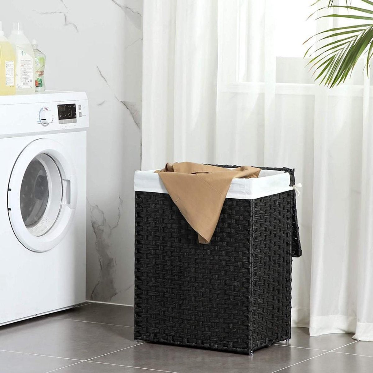 XL Luxe Opvouwbare Rotan Wasmand Met Deksel - Wasgoed Mand - Wasbox Inclusief Stevige Uitneembare Katoenen Waszak Met Handvatten - Laundry Basket Met Hengsel - 90 Liter - Zwart