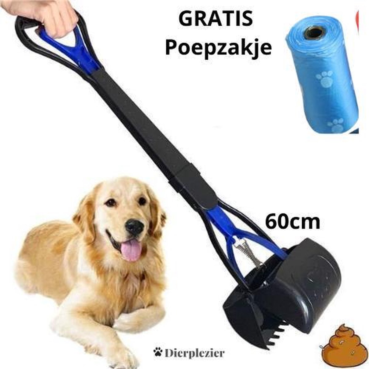 Dierplezier Poepschepper - Kakschepper hond - Grijper uitwerpselen hond - GRATIS poepzakje - Opruimen poep honden - 60cm steel poepschep - Grote poepschepper