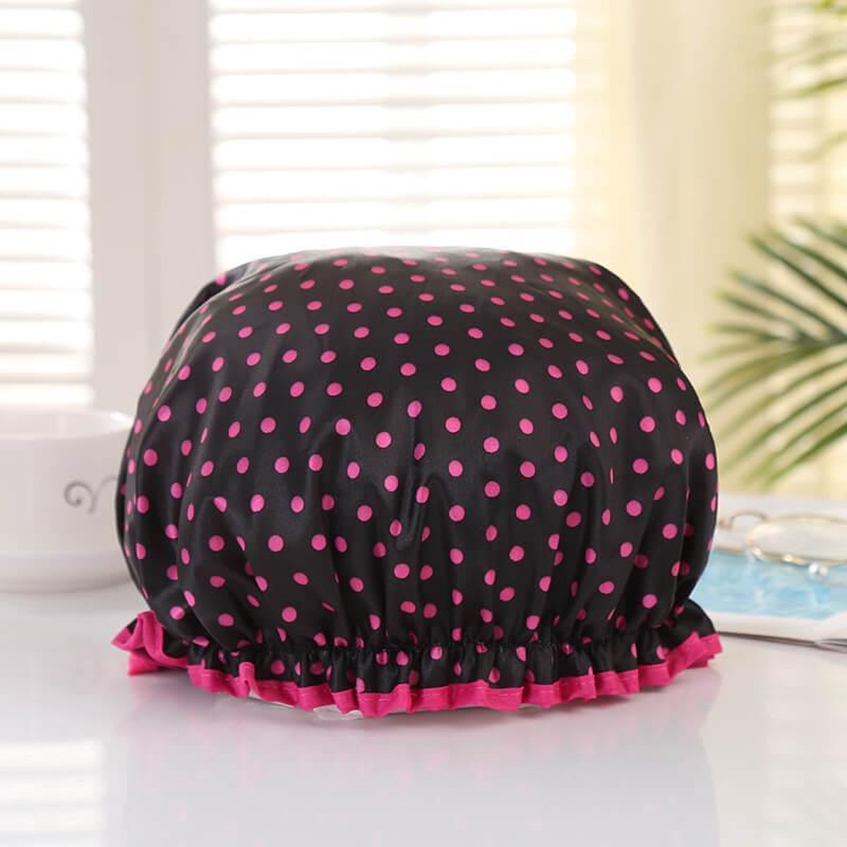 Afabs® XL Extra grote Douchemuts / Shower cap / Douchekapje / Douchecap voor vol haar / krullen / afro - Zwart met roze stippen