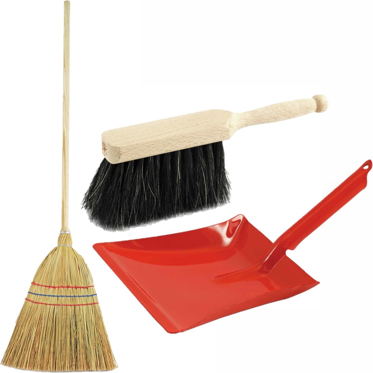 Kinder schoonmaak set 3-delig bestaande uit stoffer en blik en strobezem 90 cm