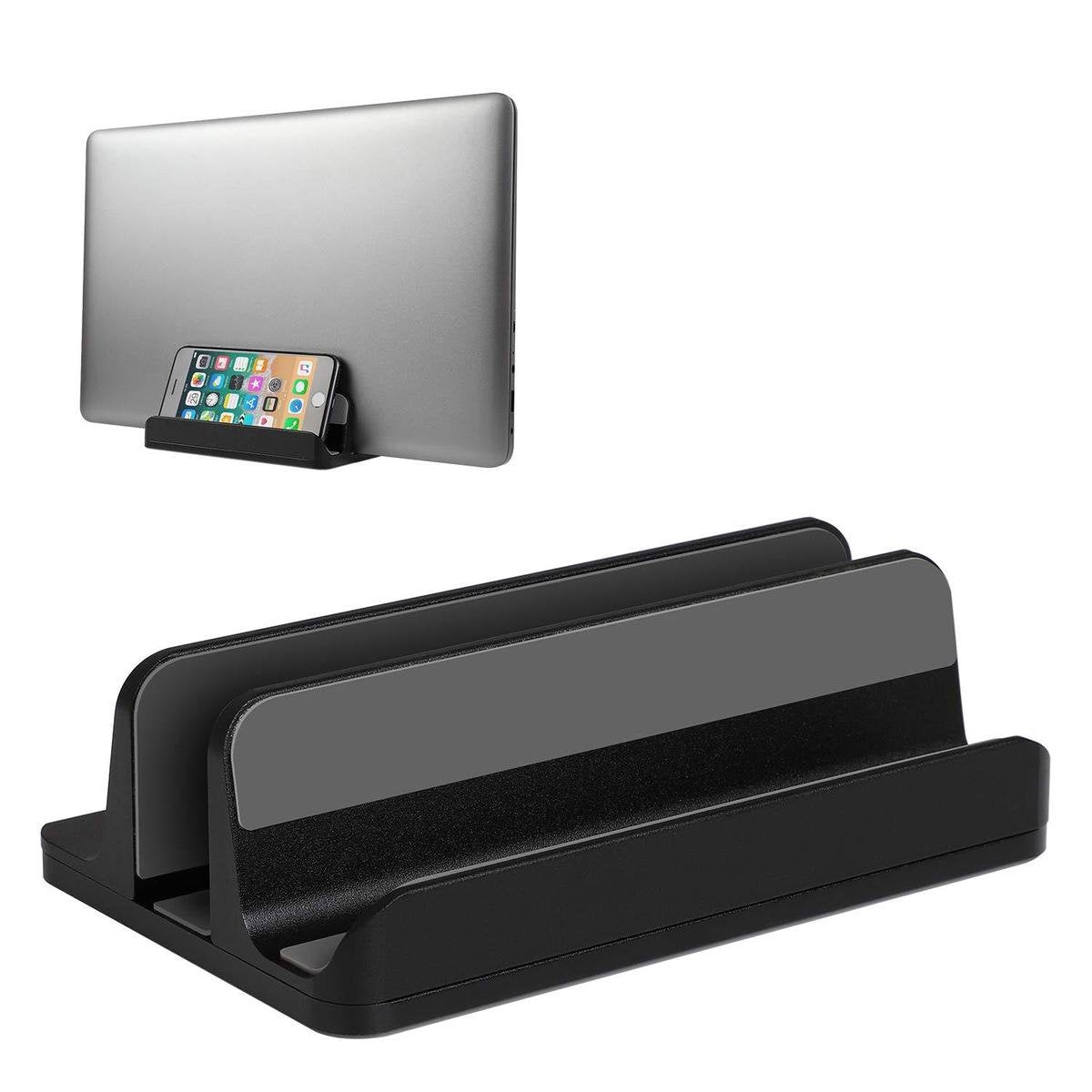 LURK® Verticale Laptop en Tablet Standaard – Laptophouder voor 2 apparaten – Aluminium – Verstelbaar Dockingstation – Zwart