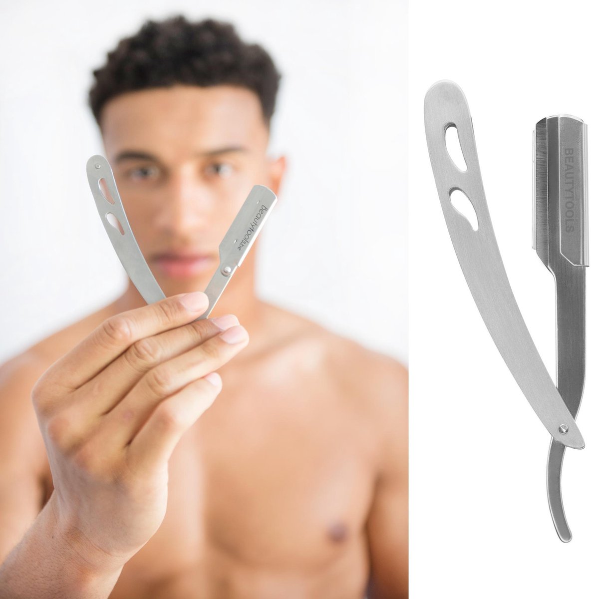 BeautyTools Easy-Shave Open Scheermes / Barbiersmes / Schavette Voor Baard en Nekhaar – Silver Shave - Incl. 10 Derby Double Edge mesjes en Opbergdoos (SR-1215) INOX