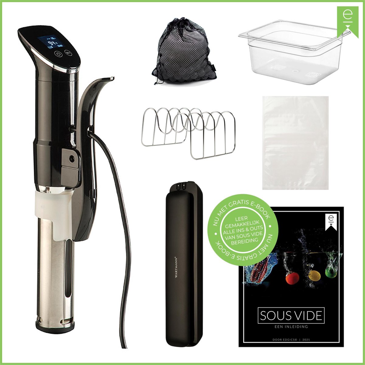 Wartmann Sous Vide Set - WM1507 Sous Vide Stick - Vacuummachine - Vacuumzakken (105 st) - Waterbak - Thermoballetjes - Rekje - Uitgebreid Ebook