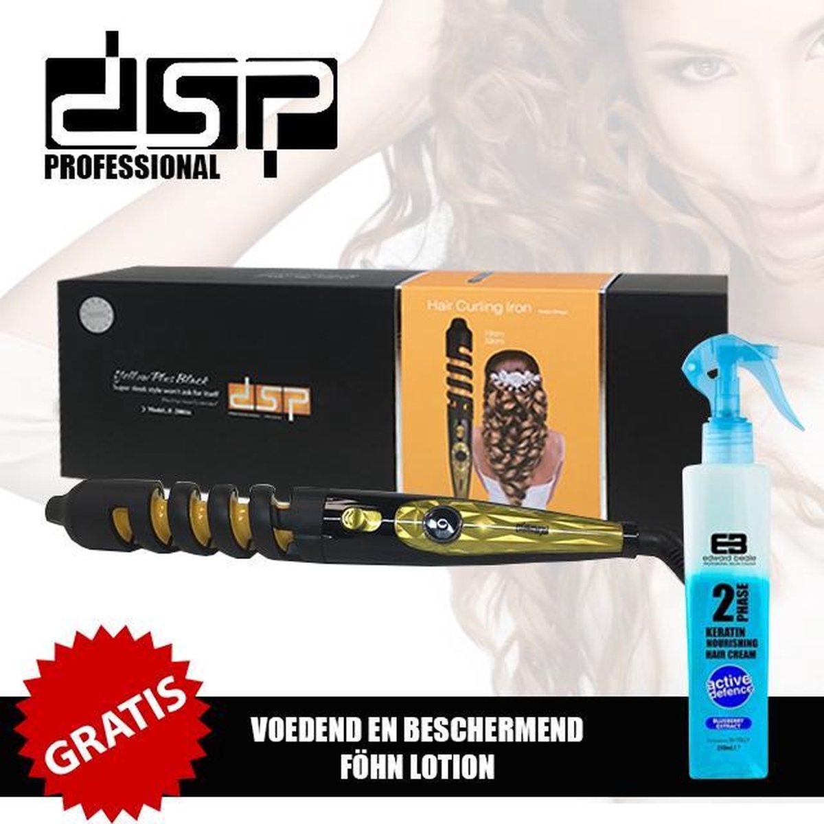 DSP Professional Yellow Plus Black Haar Krultang E-20016 + Voedend En Beschermend Fohn Lotion