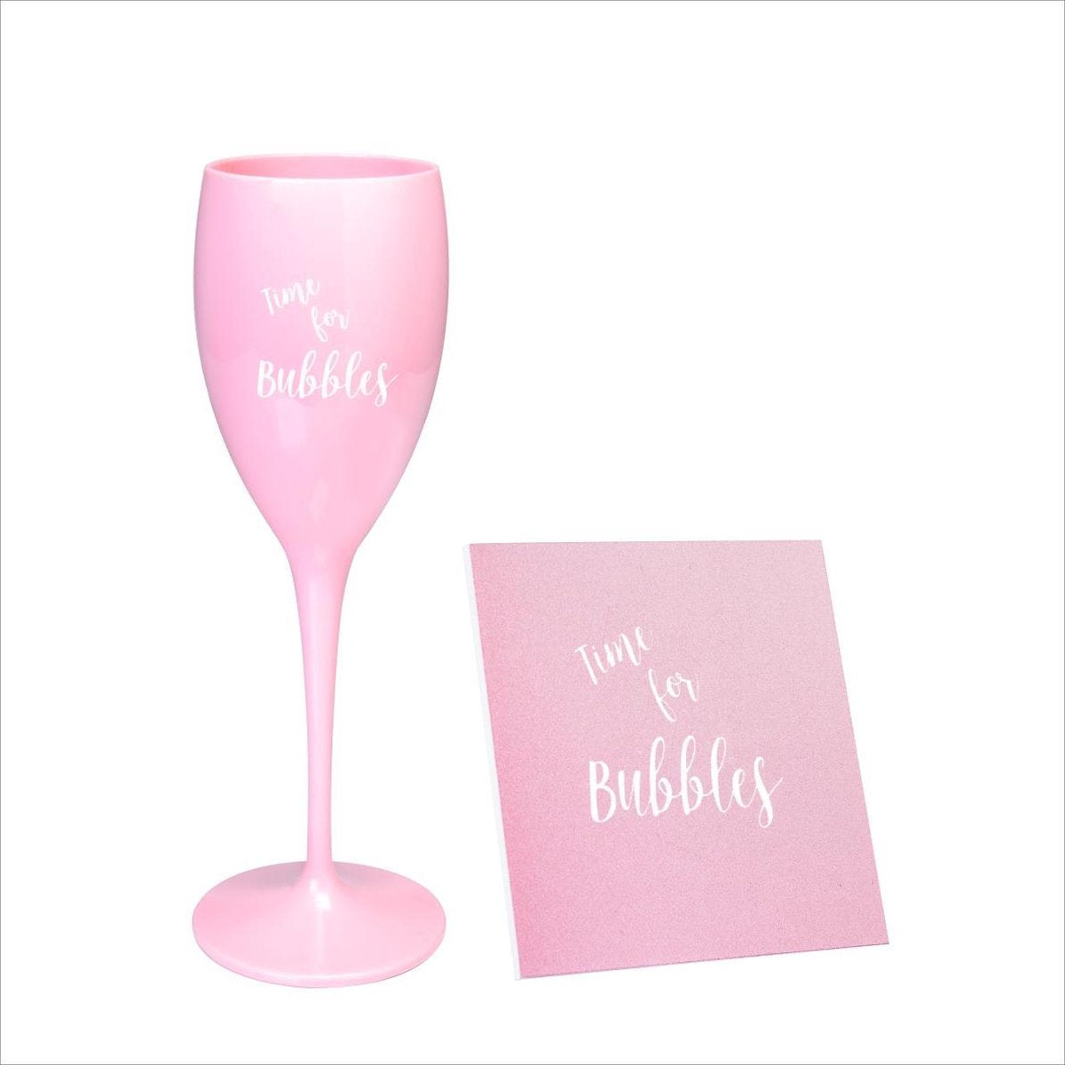 Onbreekbaar Champagneglas - met tekst en onderzetters - pink / roze - Time for bubbles
