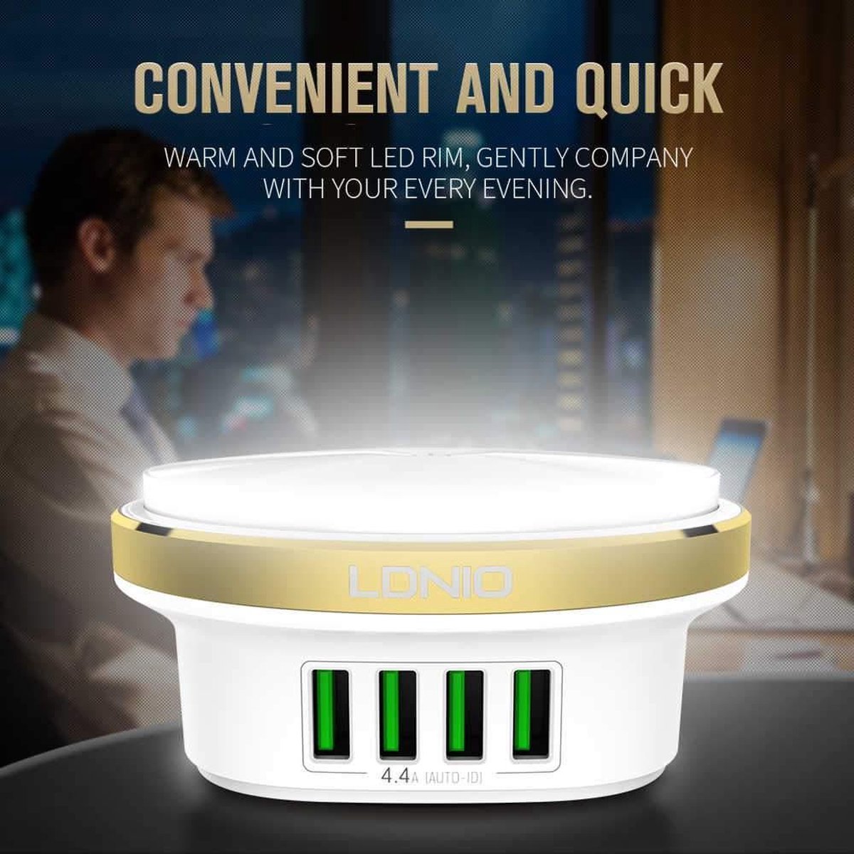 LDNIO A4406 - Bedlamp - Oplader - Lamp - 4 USB Ports - Wit