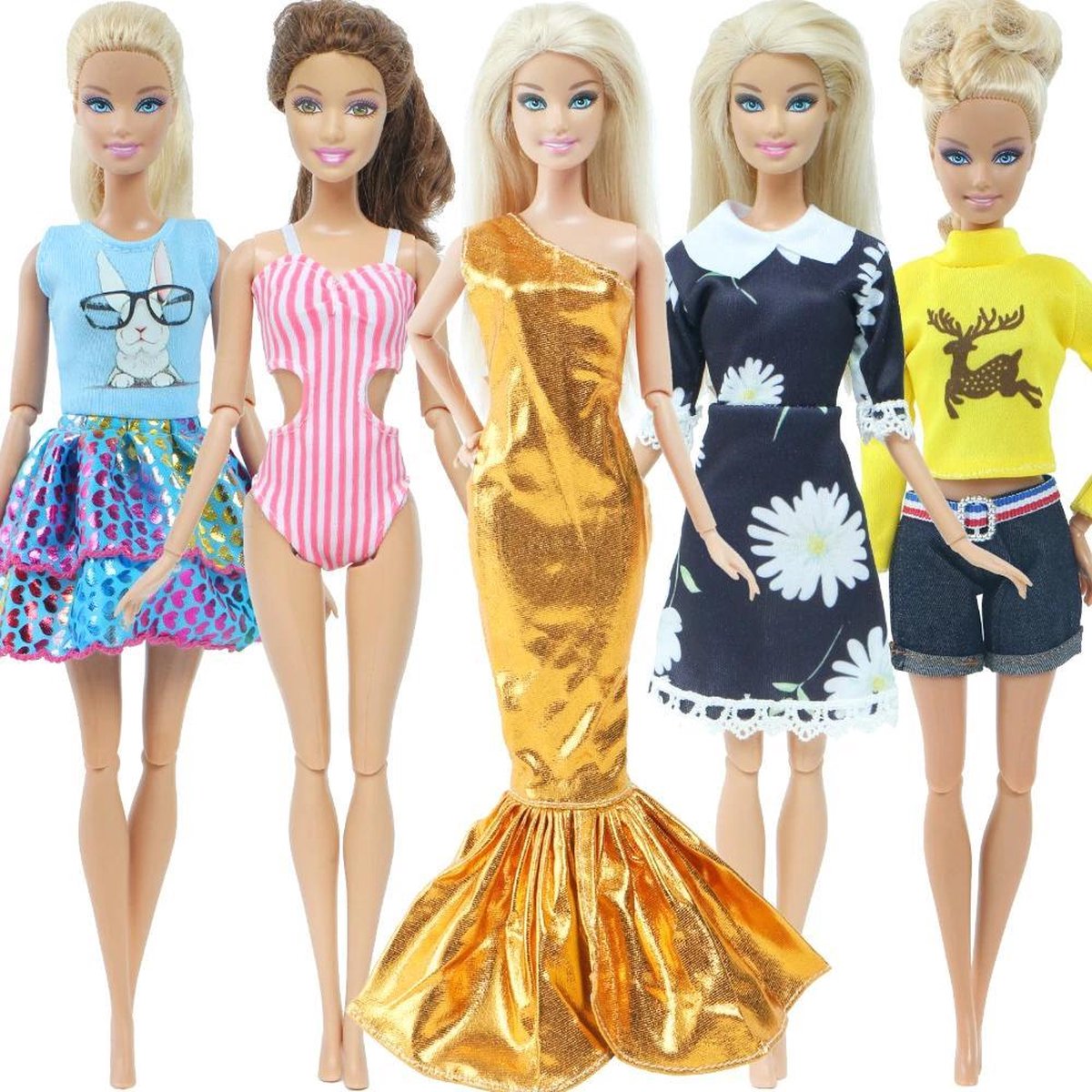 Kleding set voor modepoppen zoals barbie - 5 outfits - Gouden zeemeermin jurk