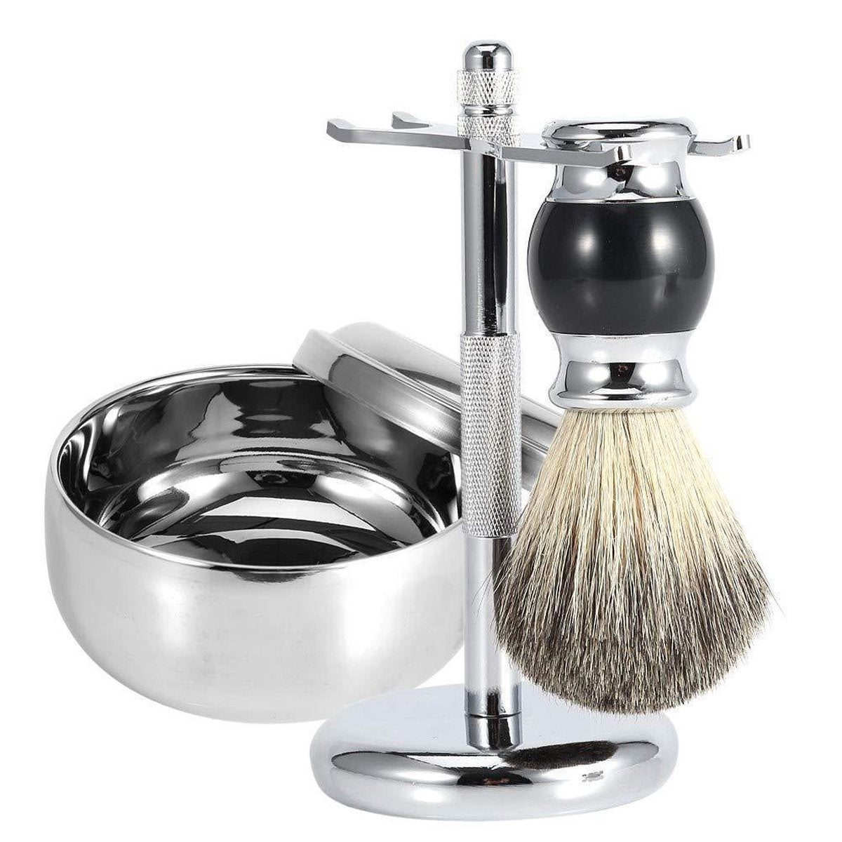 Complete Scheerset - RVS Scheerkom - Scheerkwast - Scheermeshouder - Badkamer Set - Scheerspullen