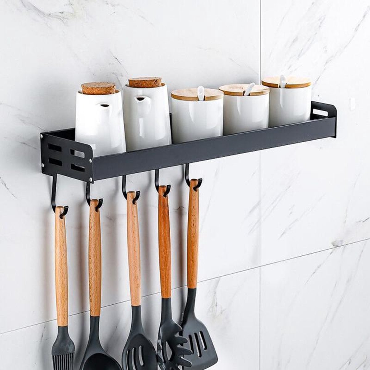 TDR - Kruidenrek - Ophangbaar - inclusief 5 verplaatsbare haken voor keukengereedschap  - 40 cm - Zwart