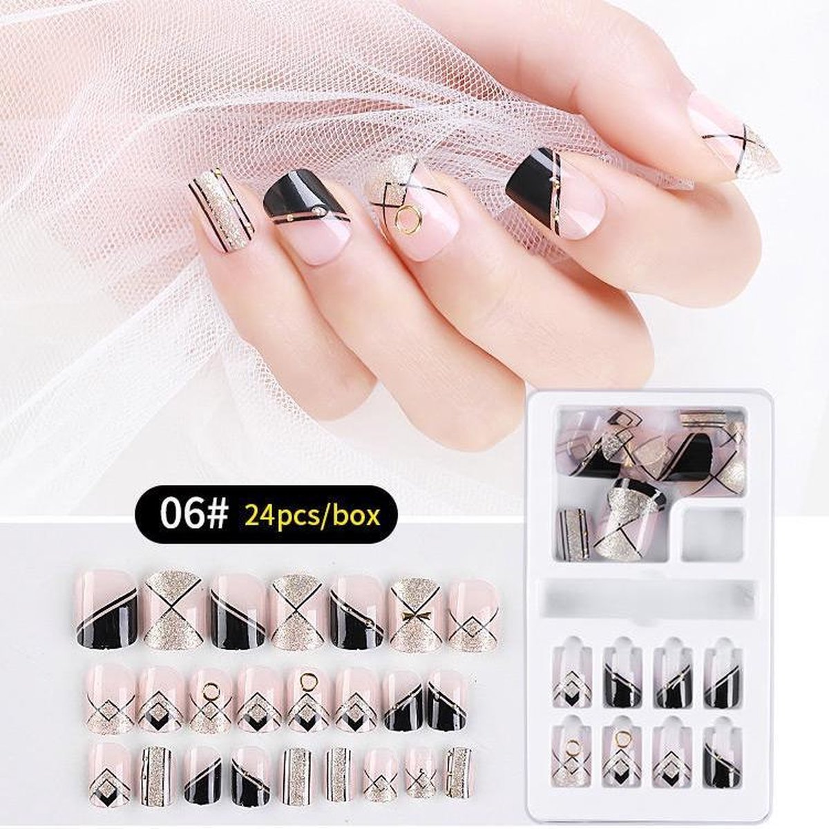 Herbruikbare Kunstnagels Strass #6 Roze/Zwart/Glitter 24st.