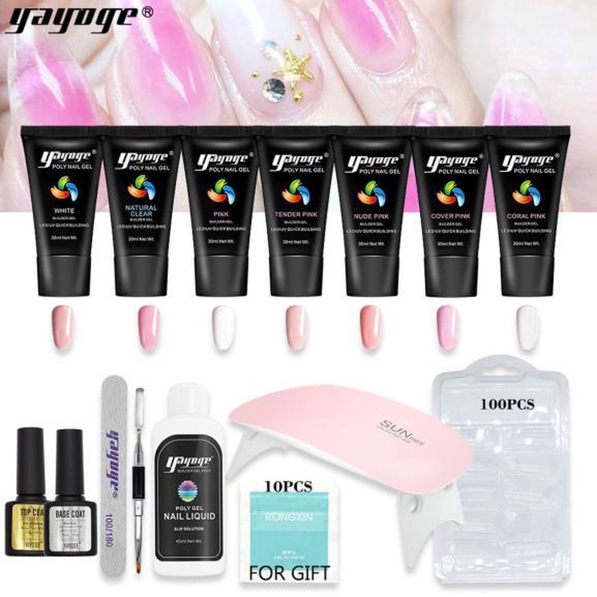 Yayoge - Polygel kit - poly gel nagels - Nagelverlenging -7 kleuren - starter kit - 15 delig - nagelvijl - Starterset voor Acrylgel – acryl