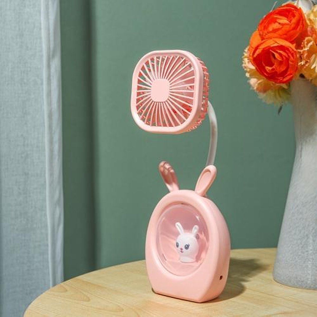 3 STKS Kinderen Cartoon Slaapkamer Desktop Verlichting USB Draagbare Handheld Ventilator (Konijn Roze)