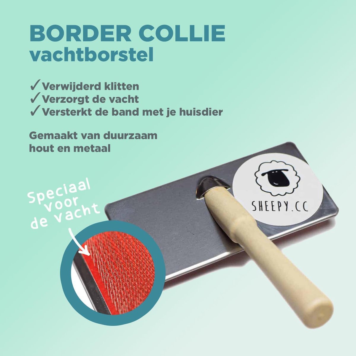 Borstel Border Collie - Handzaam - Sterk - Duurzaam hout en metaal - Maakt de vacht van je Border Collie weer klit- en viltvrij - hondenvacht borstel