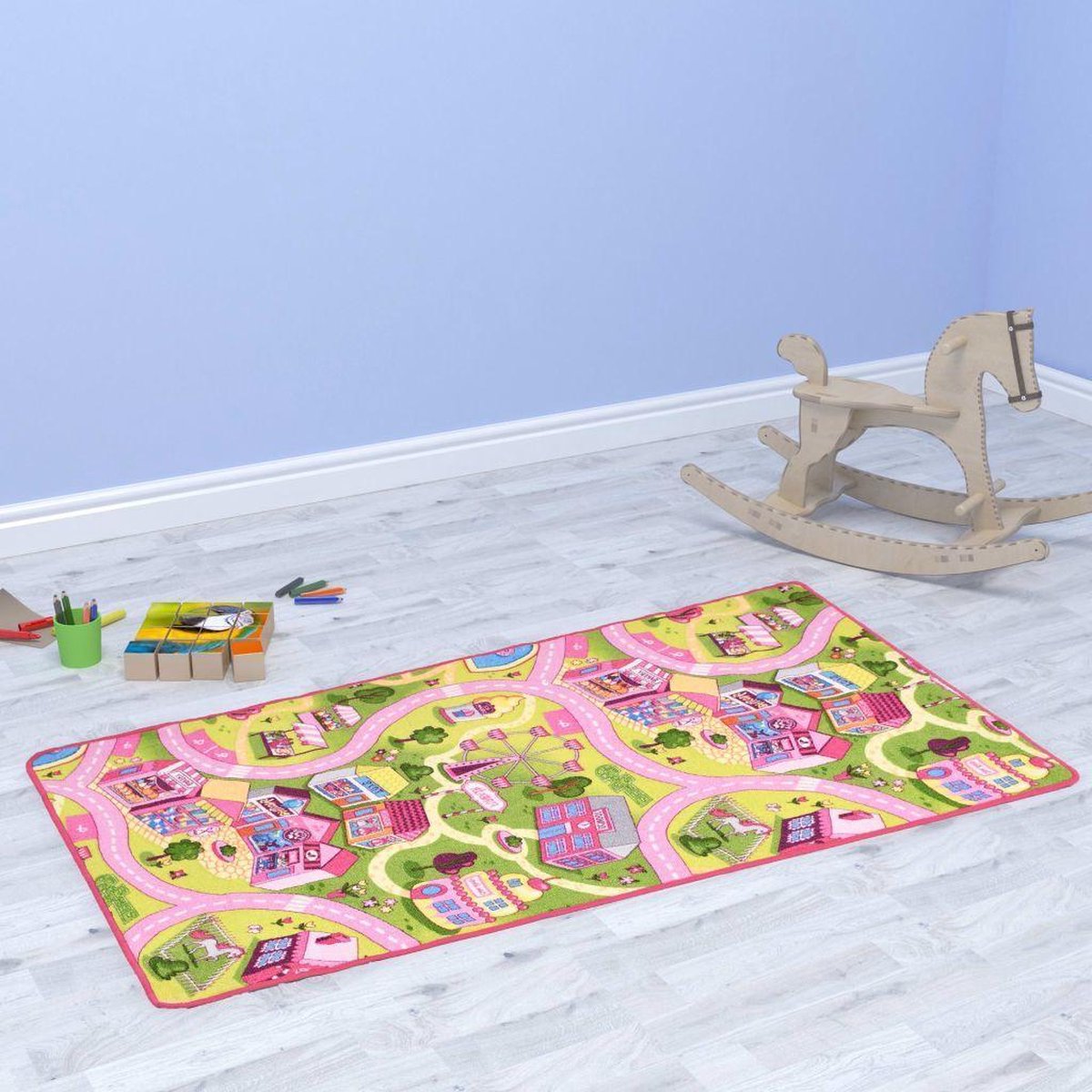 Kleurrijke Speeltapijt Roze Verkeerskleed kinderen 190x290cm - Speel tapijt kinderen - Verkeerskleed - Kleurrijke Speelkleed