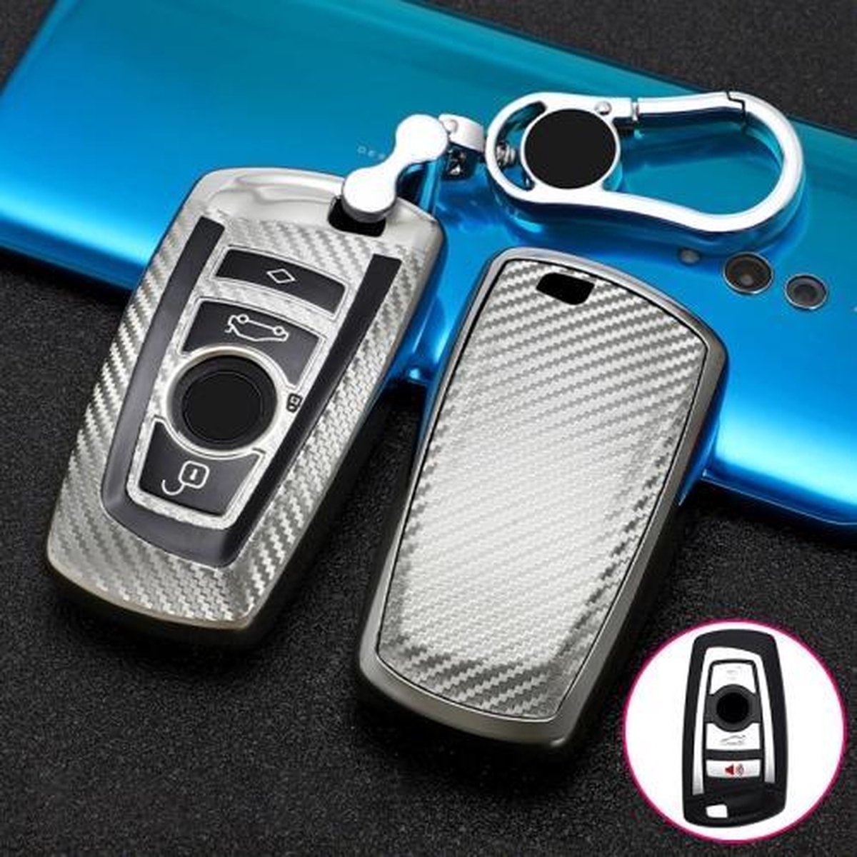 Voor BMW Square 4-knops A-versie Auto TPU Sleutel Beschermhoes Sleutelhoes met sleutelring (zilver)