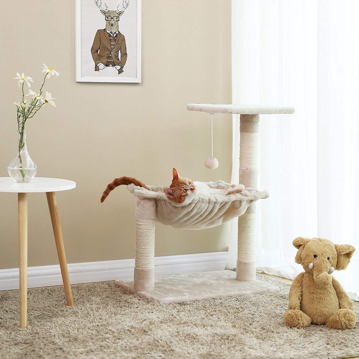Luxe Katten Krappaal Met Hangmat & Uitzicht Plateau - Activity Center - Krappaal Klimpaal - 70 CM Hoog - Beige