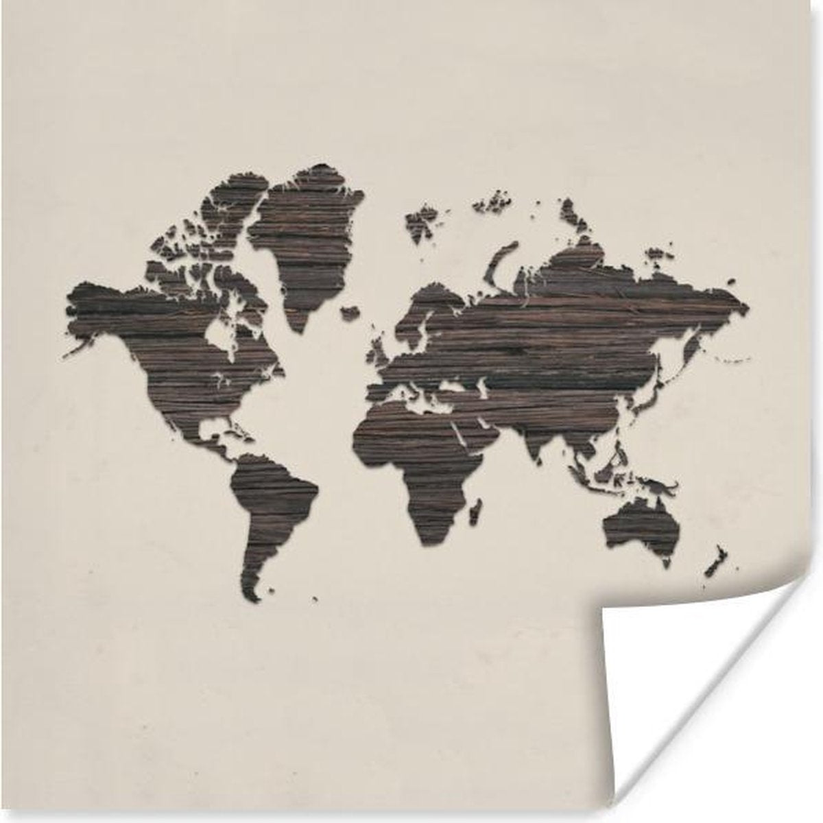 Poster Wereldkaart - Bruin - Hout - 30x30 cm