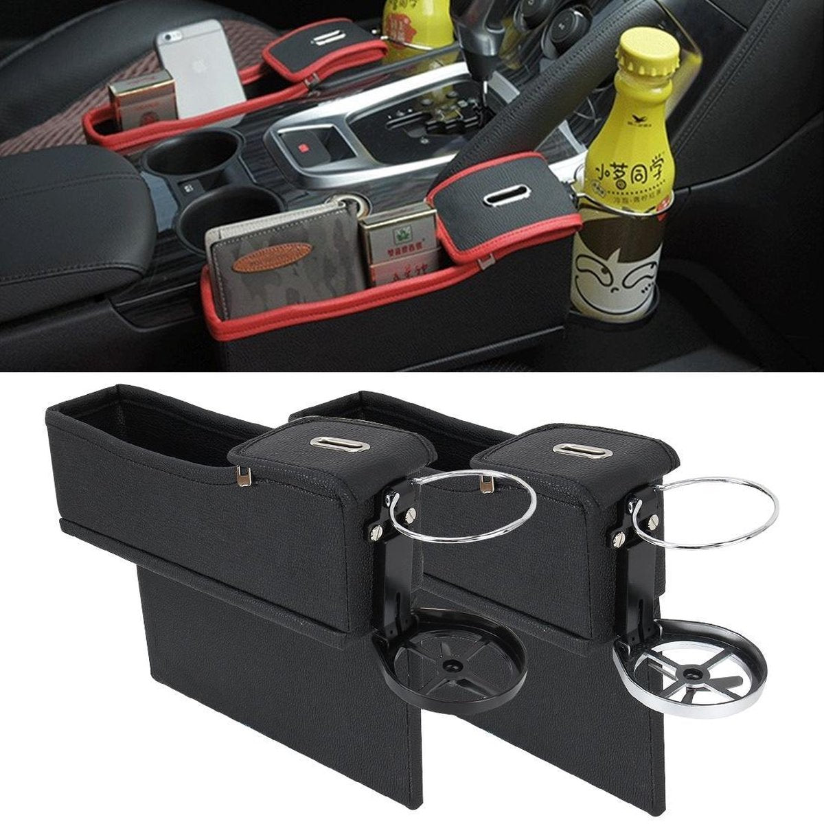 2 STKS Autostoel Spleet Opbergdoos met Interval Cup Bekerhouder Organizer Auto Kloof Pocket Opbergen Opruimen voor Telefoon Pad Kaart Munt Case Accessoires (zwart)