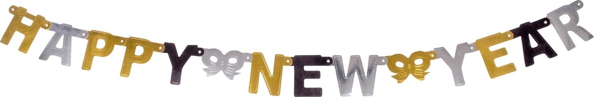 Tib Vlaggenlijn Happy New Year 150 Cm Goud/zilver/zwart