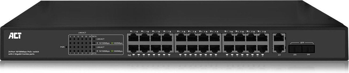 ACT AC4434 24-Poorts 10/100Mbps PoE+ Switch met 2 Gigabit Combo-poorten