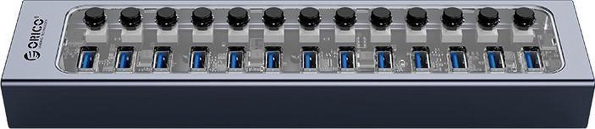 ORICO USB 3.0 hub met 13 poorten - aluminium en transparant design - BC 1.2 –  60W - grijs