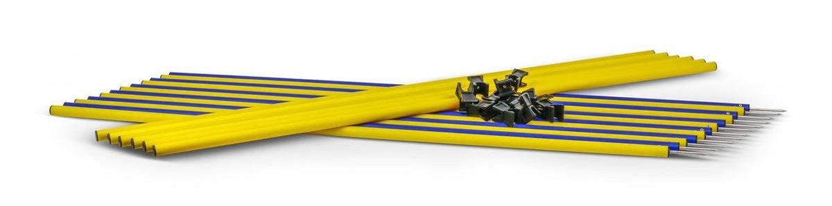 Vinex - Multi functionele Slalomset - Hordenset 12 Slalomstangen + 6 dwarsstangen + 12 bevestigingsclips + draagtas - Slalom Hordenset - Jumpset - hoogte ca. 160 cm - breedte ca. 100 cm - kleur blauw met geel