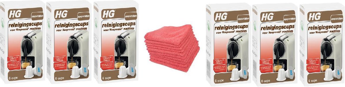 HG reinigingscups voor Nespresso® machines Doos 6 Stuks + 10 Microvezeldoeken