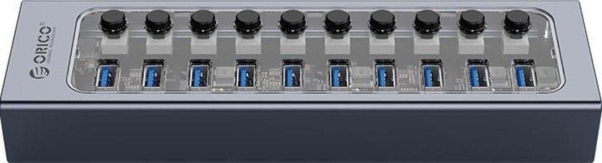 ORICO USB 3.0 hub met 10 poorten - aluminium en transparant design - BC 1.2 – 48W - grijs