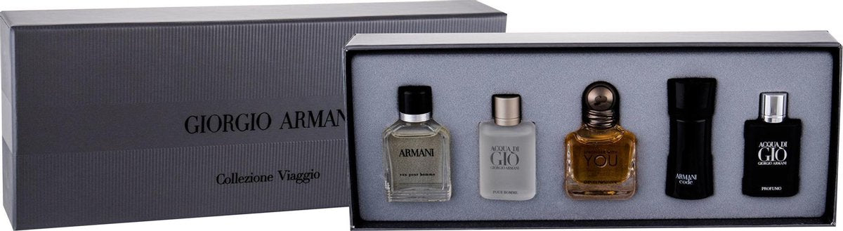Armani M 5 Pc Mini Set Eau Pour Homme 7ml EDT + Acqua Di Gio 5ml EDT + Stronger With You 7ml EDT + Code 4ml EDT + Acqua Di Gio Profumo 5ml EDP