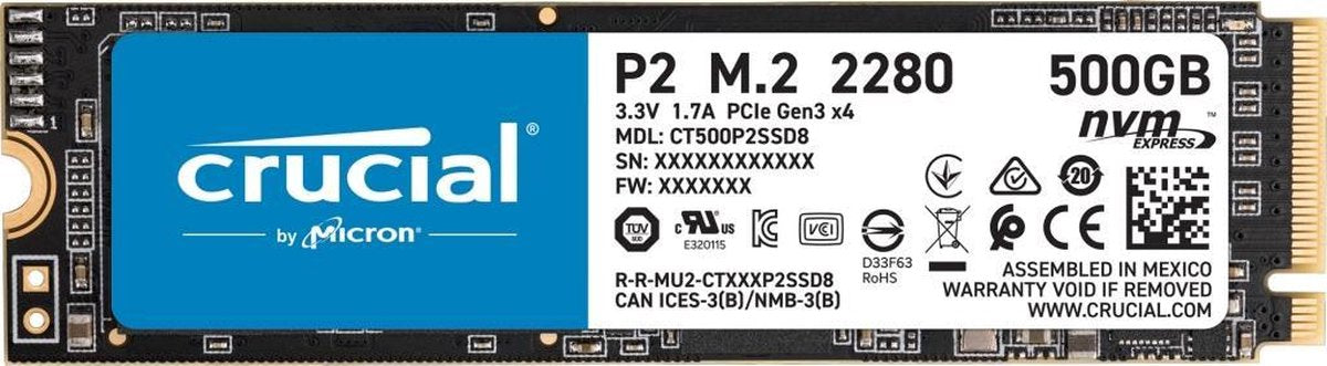 Crucial P2 500 GB NVMe/PCIe M.2 SSD 2280 harde schijf PCIe NVMe 3.0 x4 CT500P2SSD8