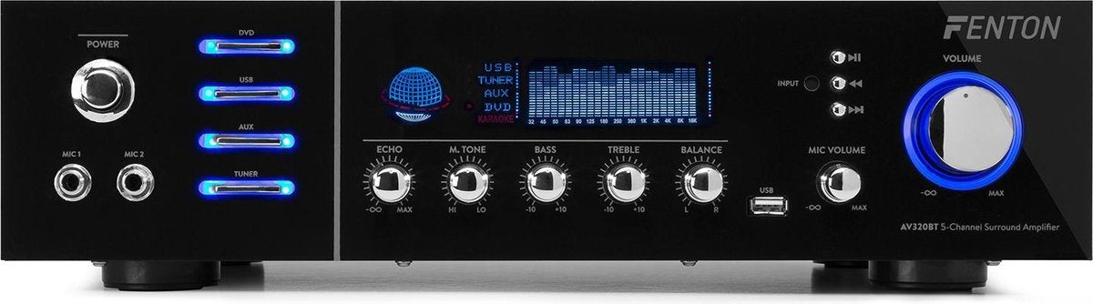 Surround versterker - Fenton AV320BT 5-kanaals surround versterker met Bluetooth en USB speler