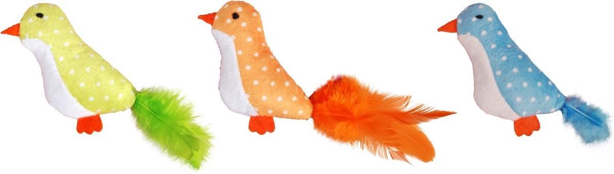 Flamingo Kattenspeeltje Vogel met Veer - Geel/Oranje/Blauw - 7 x 2 x 10 cm