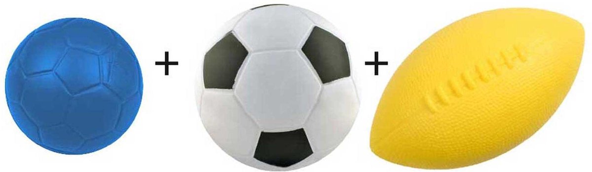 Foamballen speel pakket | 3 Foamballen | Foambal Ø 16 cm | Foam Voetbal Ø 21 cm | Foam Rugbybal | Dynamisch Foam