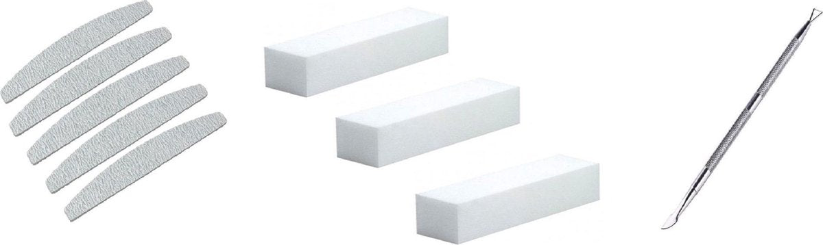 Set 4: 5 Professionele Nagelvijlen 100/180 grid + 3 polijstblokken + Nagelschraper voor verwijderen van gellak