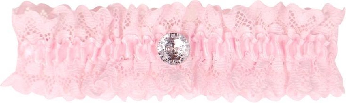 Roze kousenband met kant en strass knoopje
