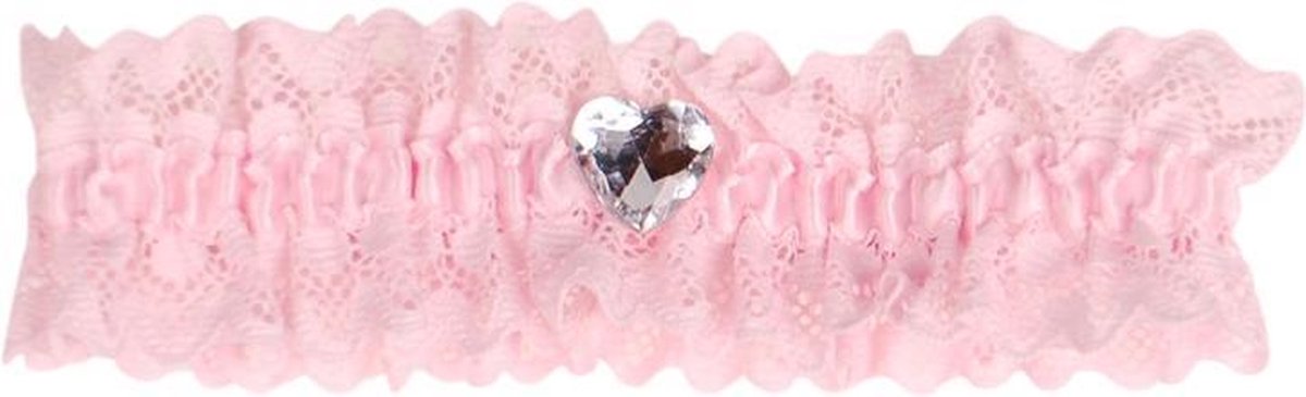 Roze kousenband met kant en hartje strass