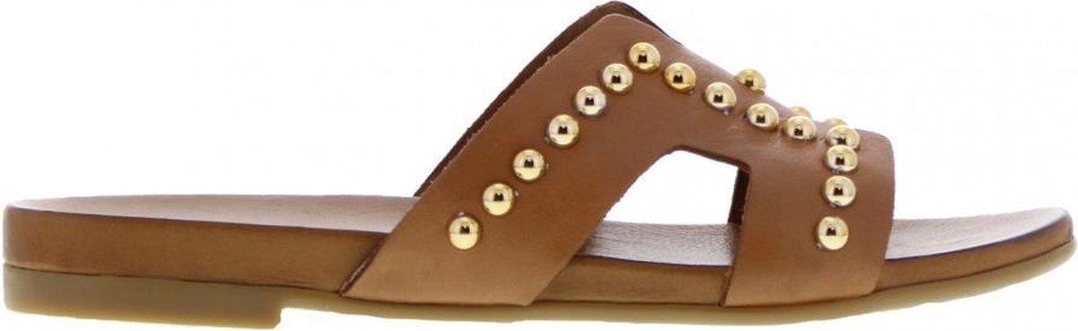 Tango | Mila 5-c cognac leather slipper/golden studs - cognac sole | Maat: 42