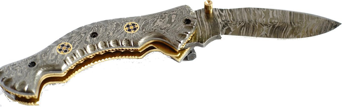 Handgemaakt speciaal damascus stalen zakmes - messing handvat Messen - met lederen schede 19.0 cm - Damascus Messen