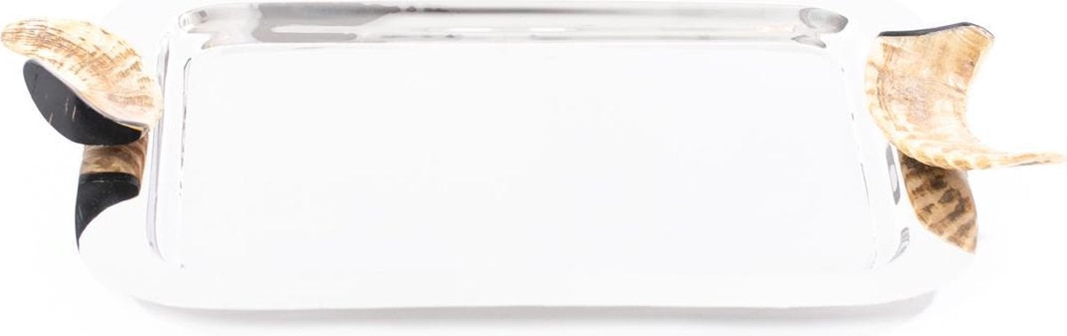 Zilverkleurige dienblad met geitenhoorn handvaten 52 cm