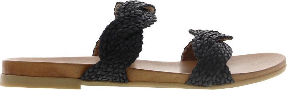 Tango | Mila 516-d black leather braided straps slippers - cognac sole | Maat: 41