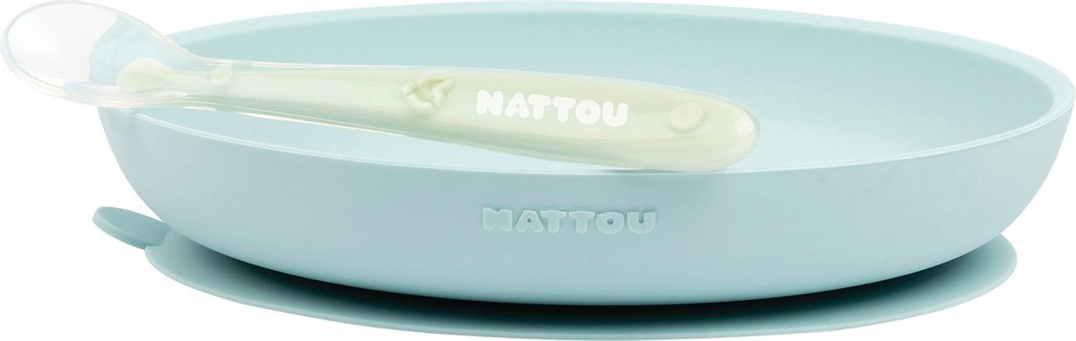 Nattou Siliconen 2-delig Servies voor Kinderen - Antislip Bord - BPA-vrij - Groen / Blauw