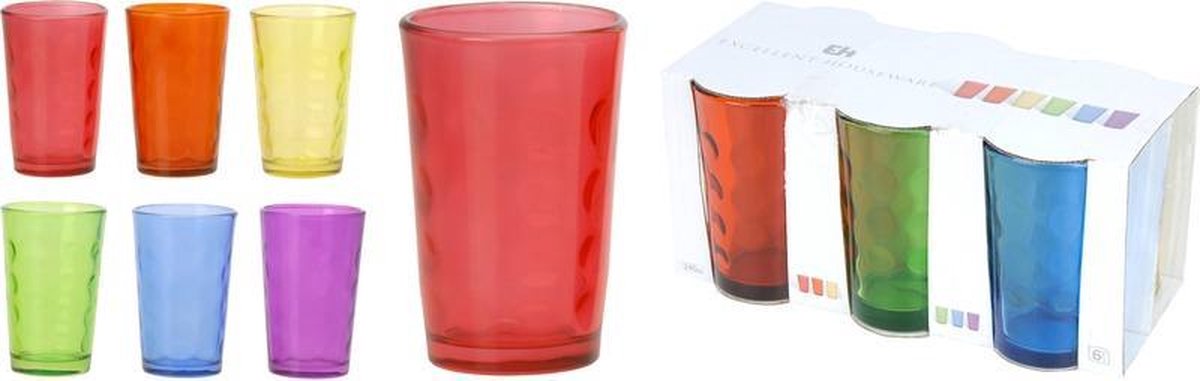 Glazen set gekleurd rond 18x stuks - drinkglazen - waterglazen - frisdrank glazen