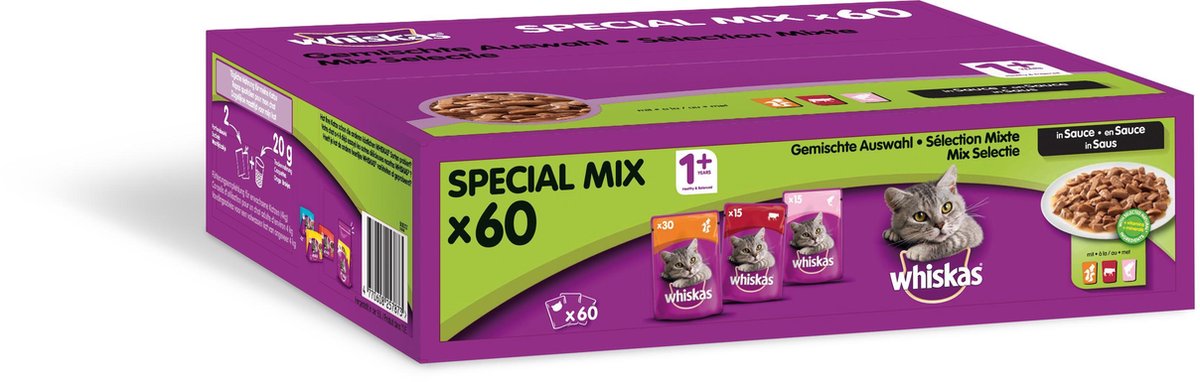 Whiskas natte kattenvoeding gevogelte + rund + zalm - 60 stuks - 6000 gram