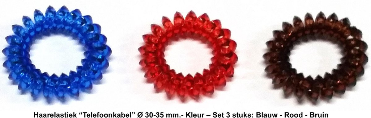 Rojafit “Telefoonkabel” Haarelastiek - Mini - Ø 30-35 mm - Set 3 Stuks - Blauw-Rood-Bruin